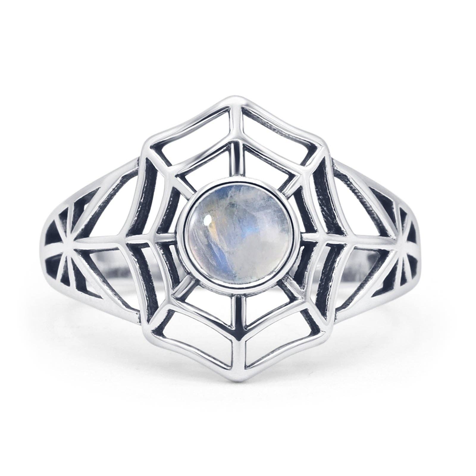Round Moonstone Sterling Silver Spiderweb Ring