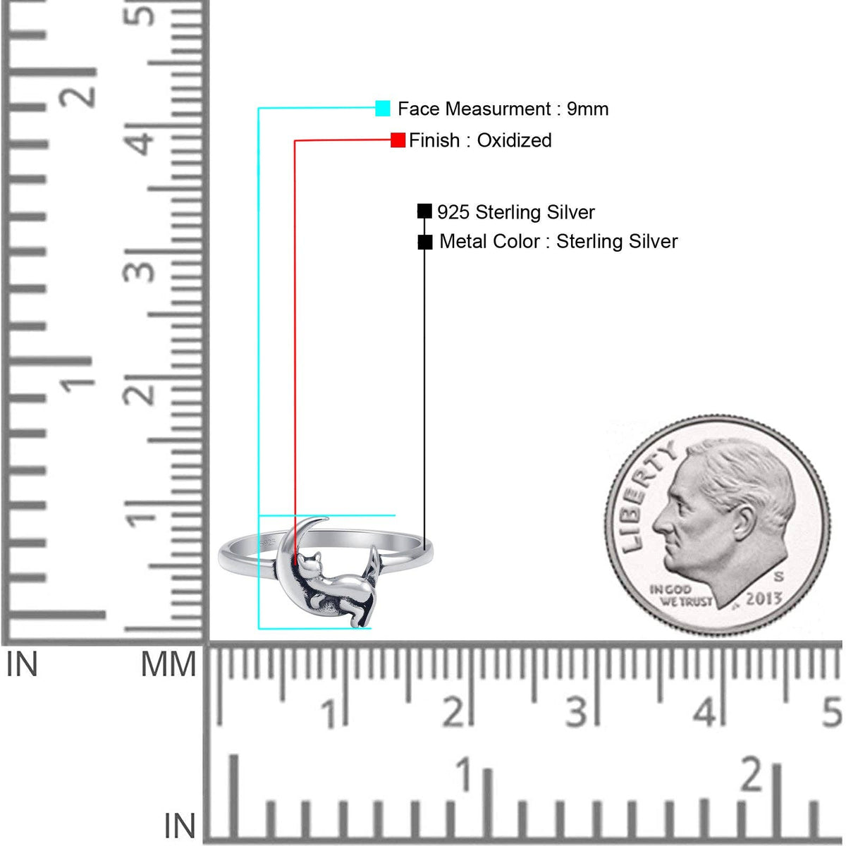 Sterling Silver Crescent Moon & Lounging Cat Ring Oxidized