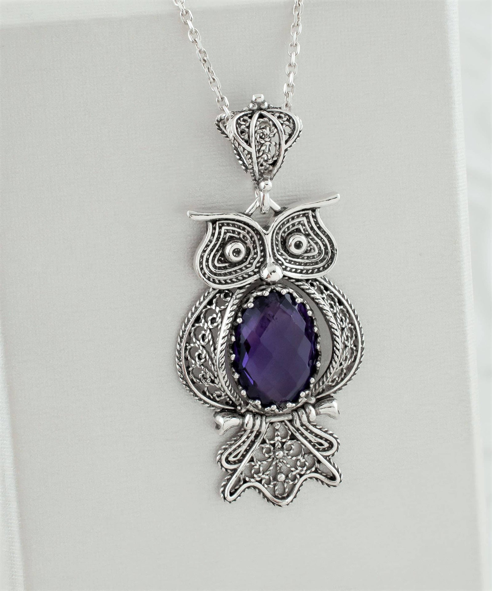 Sterling Silver Filigree Art Owl Amethyst Pendant