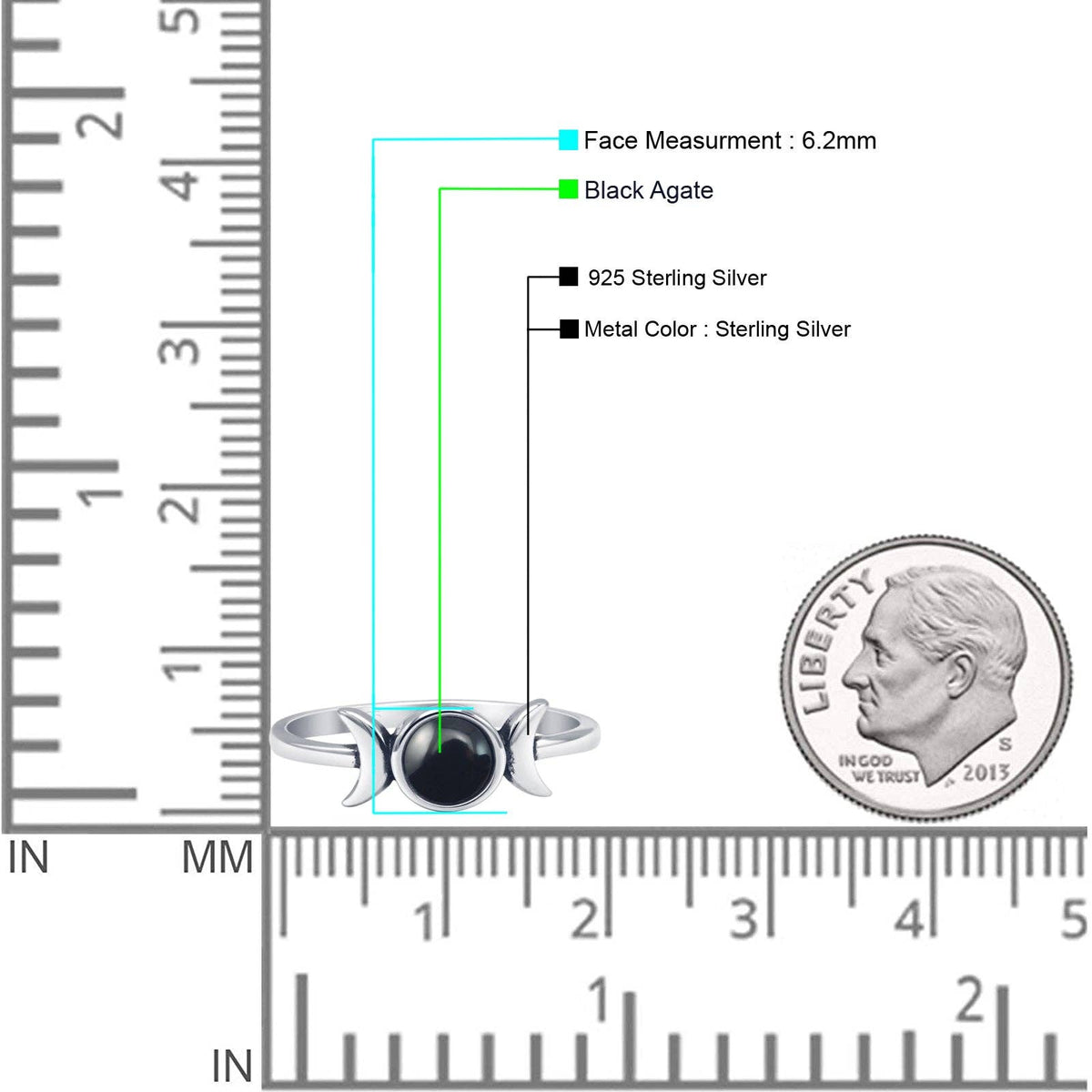 Round Black Agate Triple Moon Ring