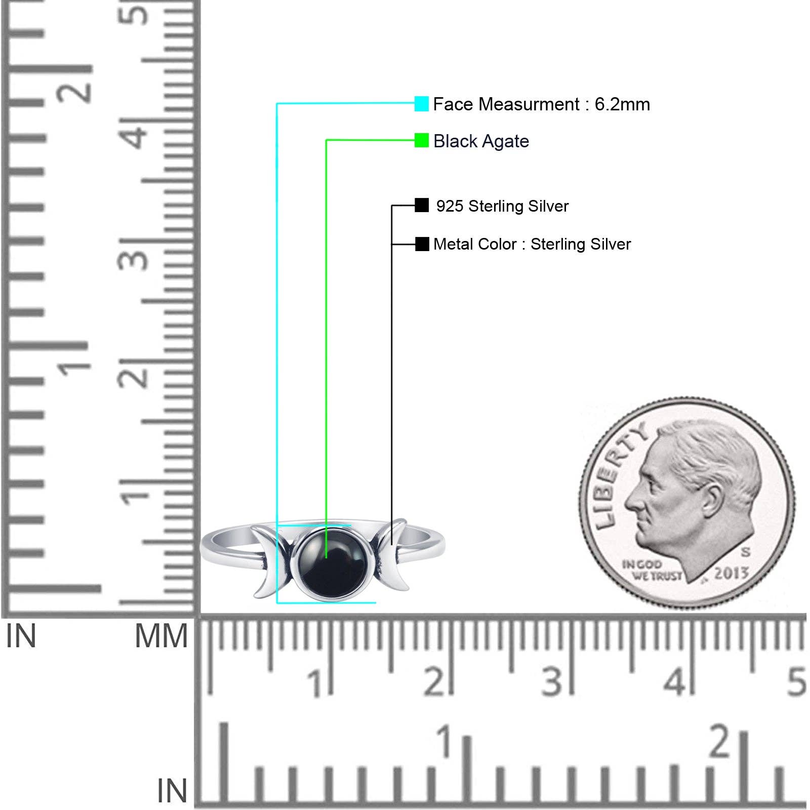 Round Black Agate Triple Moon Ring