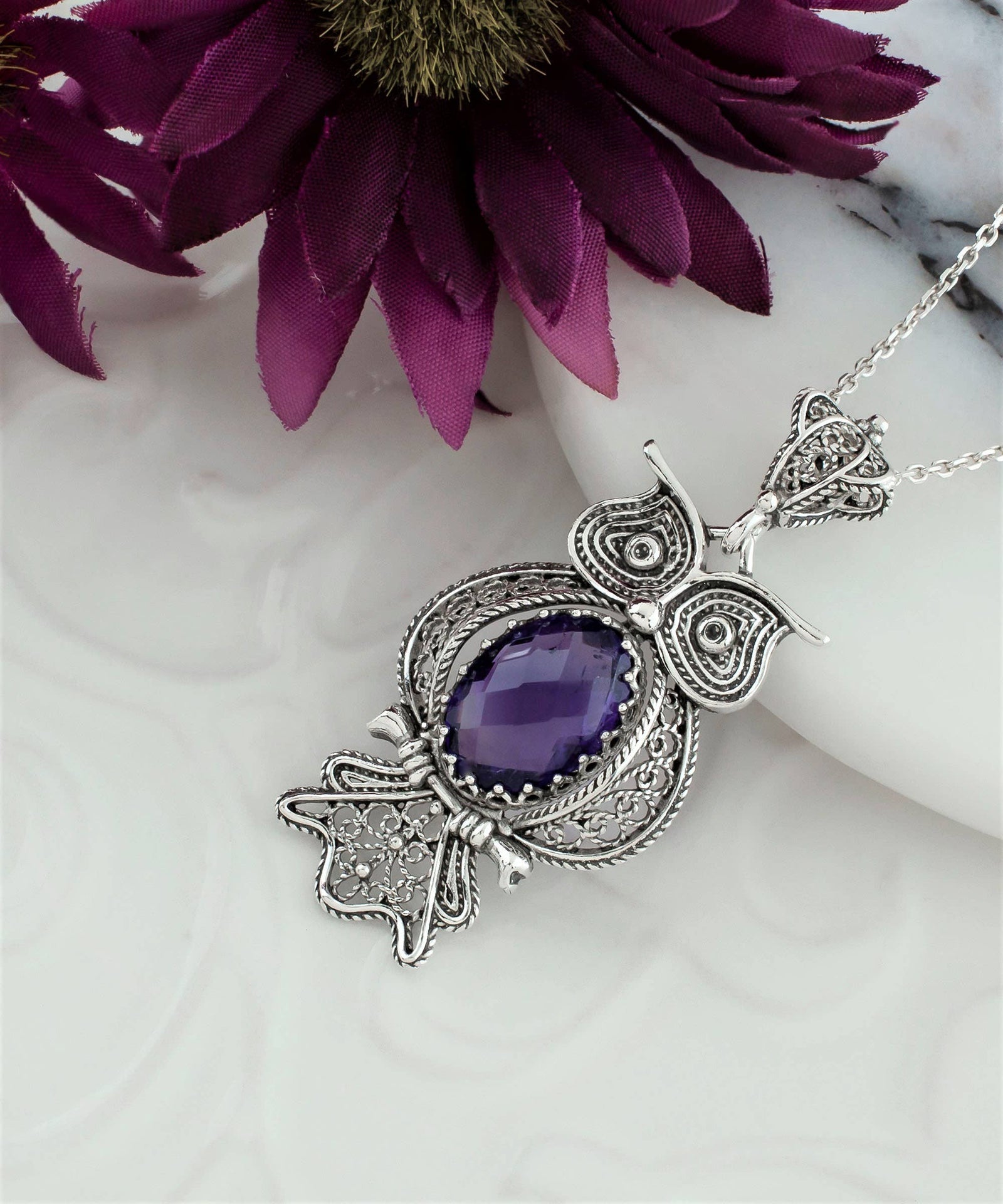 Sterling Silver Filigree Art Owl Amethyst Pendant