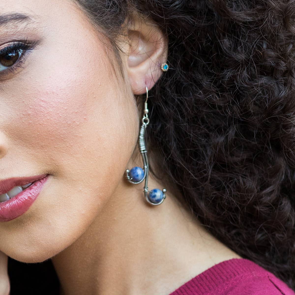 Wire-Wrapped Stone Earrings - Antique Silver, Sodalite