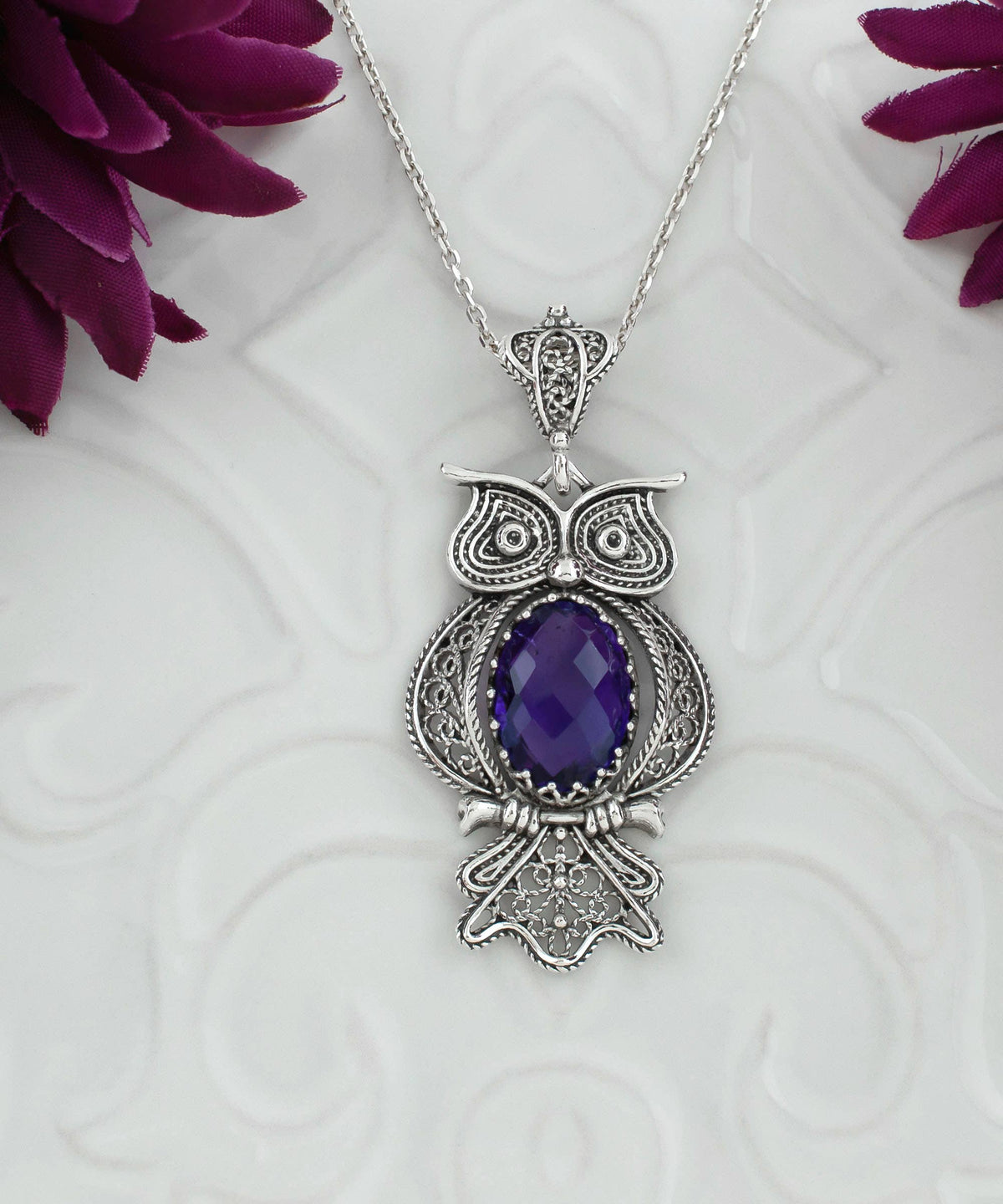 Sterling Silver Filigree Art Owl Amethyst Pendant