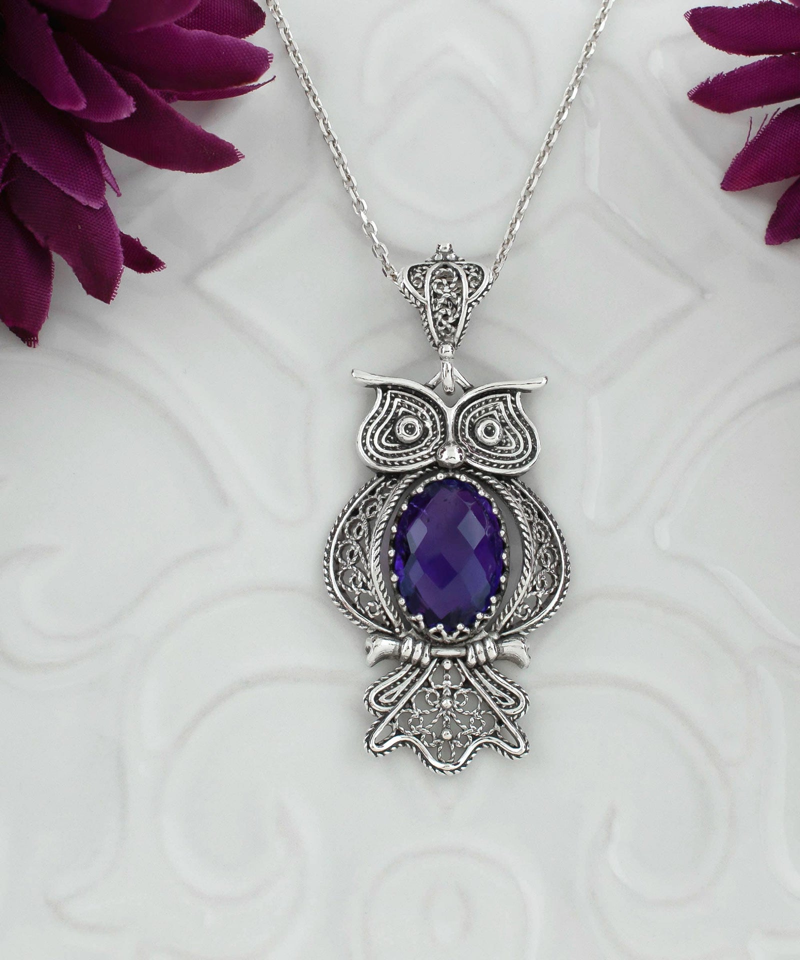 Sterling Silver Filigree Art Owl Amethyst Pendant