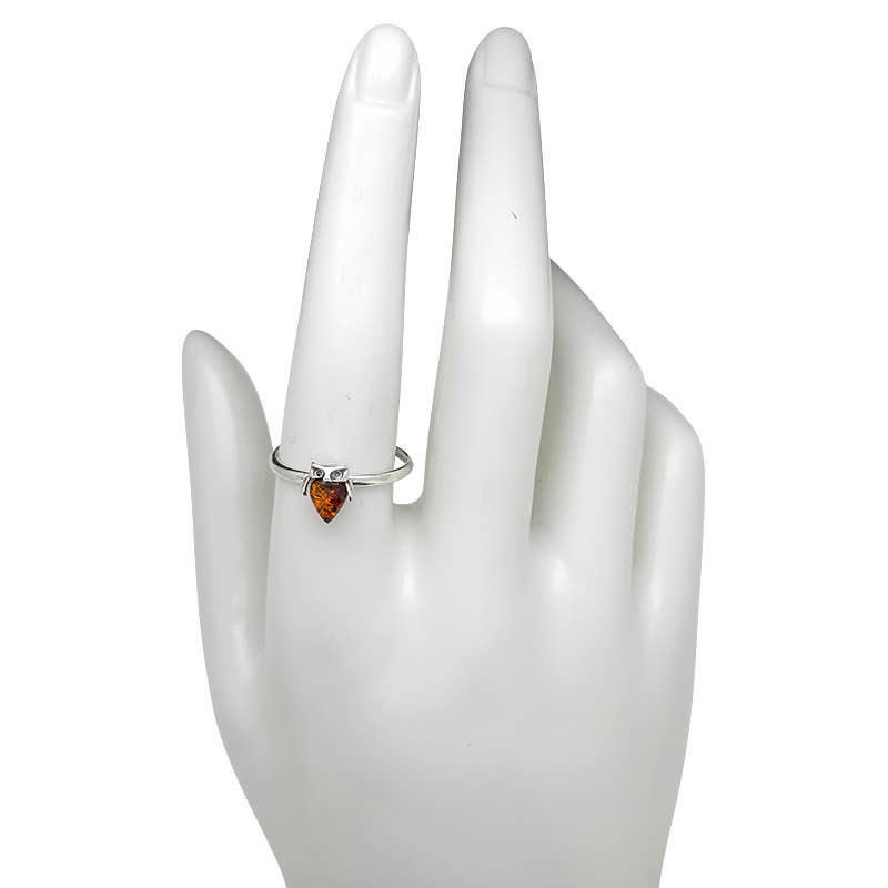 Amber Silver Owl Ring