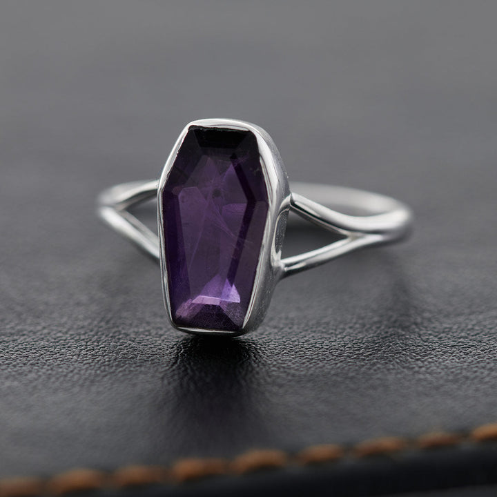 Amethyst Coffin Sterling Silver Ring