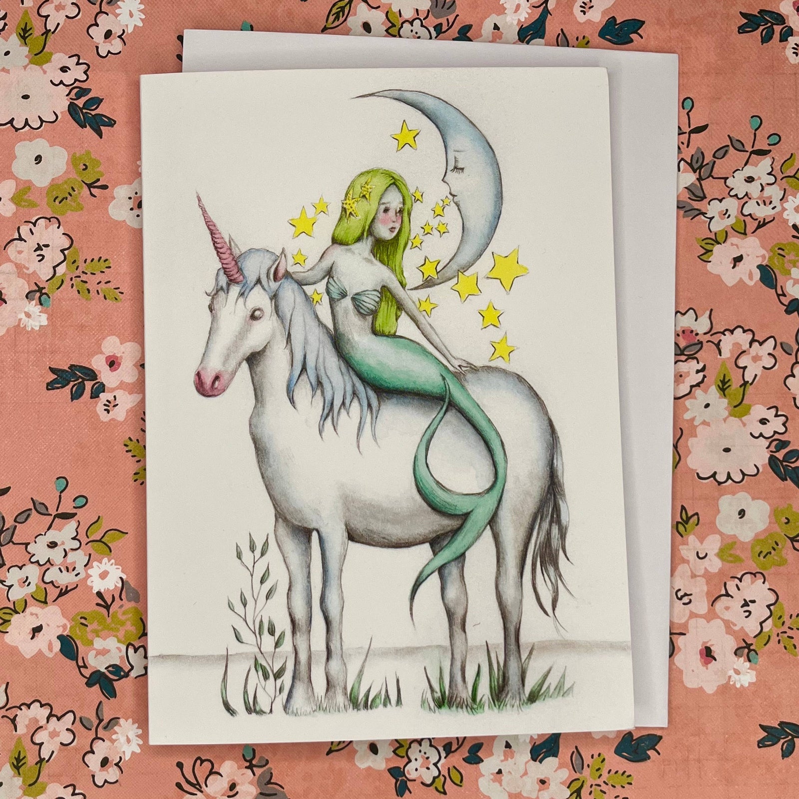 Mermaid, Unicorn and Moon greeting card 4.5 " x 6.5 "