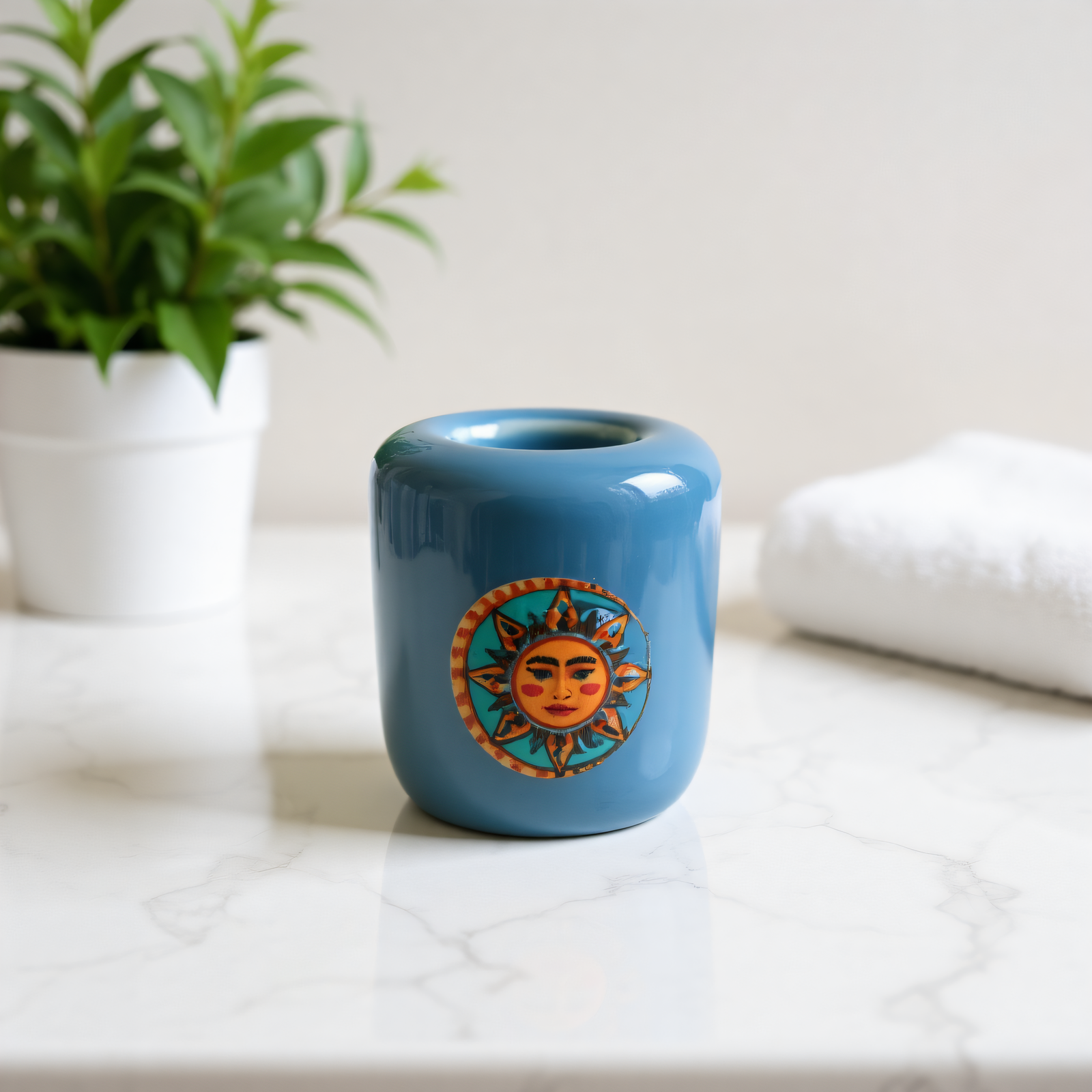 Ceramic Candle Holder Blue with Sun and Moon