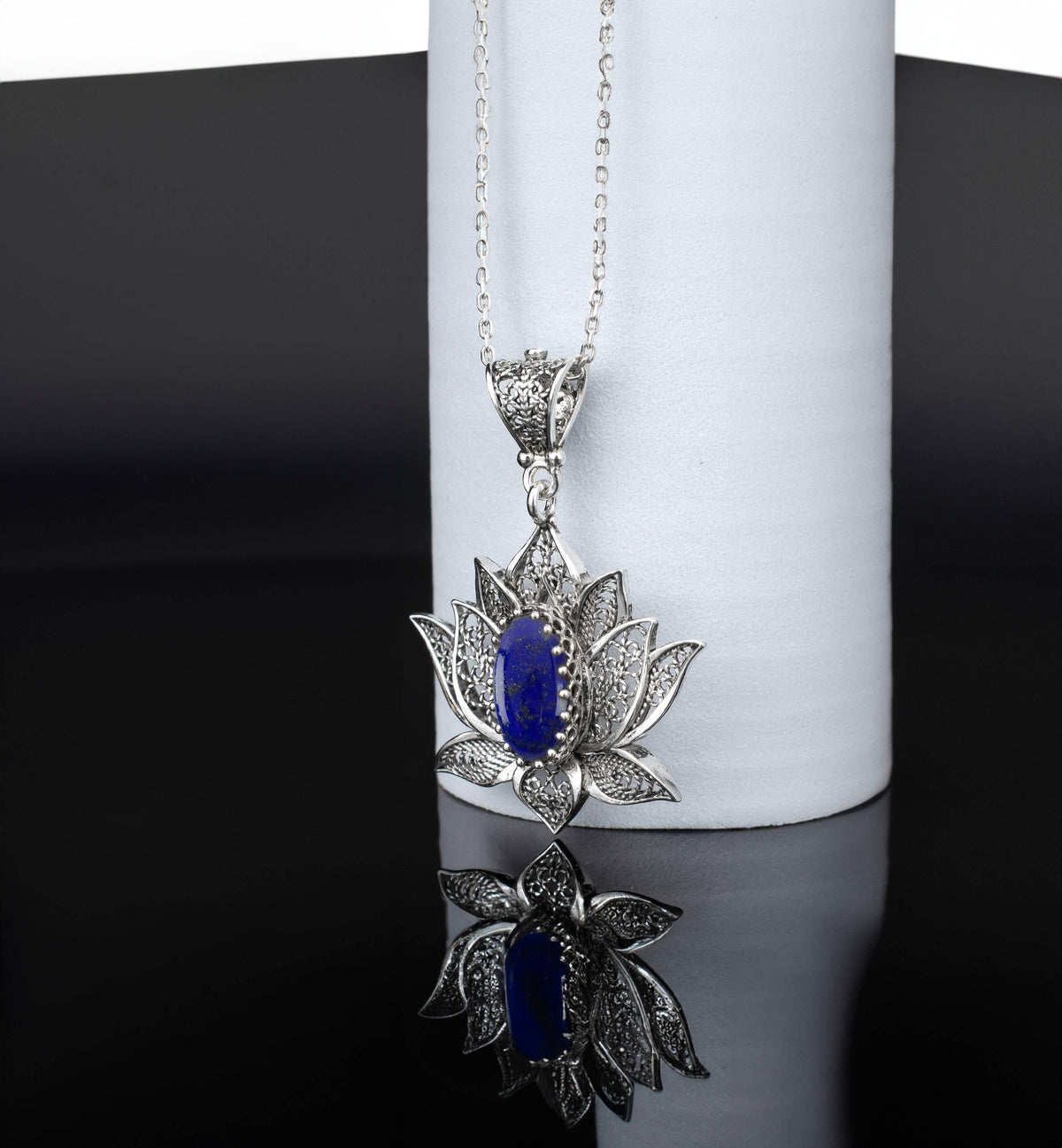 Sterling Silver Filigree Lotus Flower Lapis Lazuli Gemstone Pendant