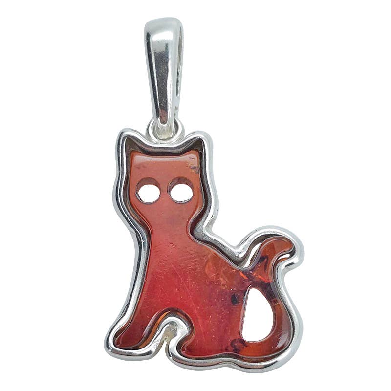 Cherry Amber Sterling Silver Cat Pendant