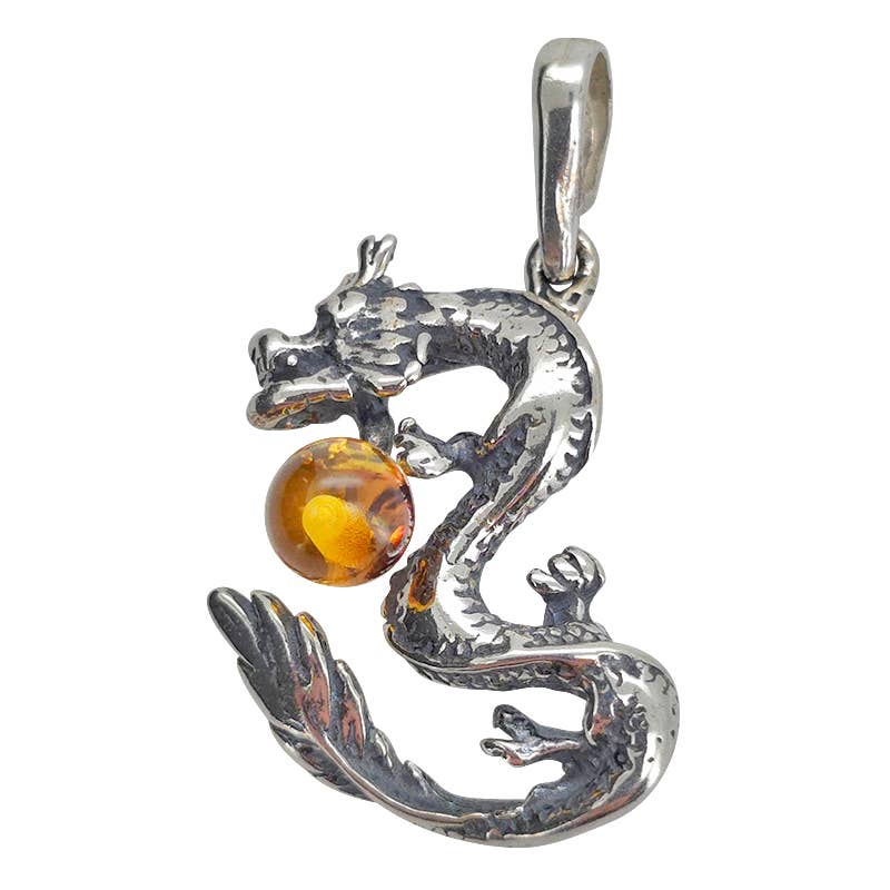Cognac Color Amber Sterling Silver Dragon Pendant