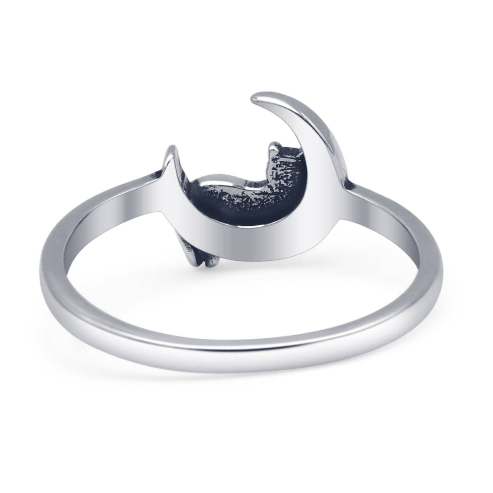 Sterling Silver Crescent Moon & Lounging Cat Ring Oxidized