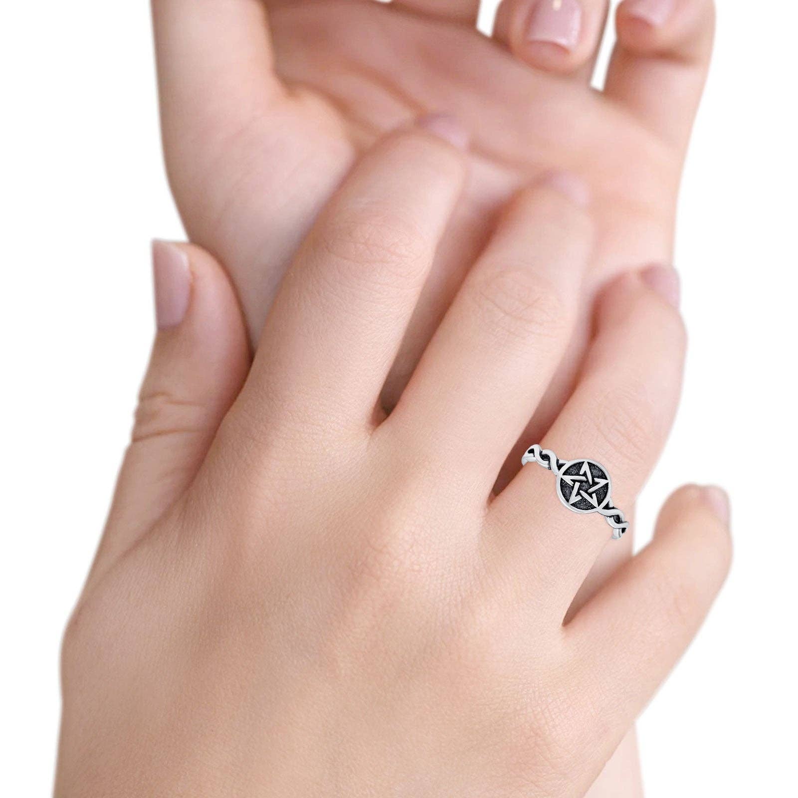 Twisted Braided Shank Oxidized Pentagram sterling Silver Ring