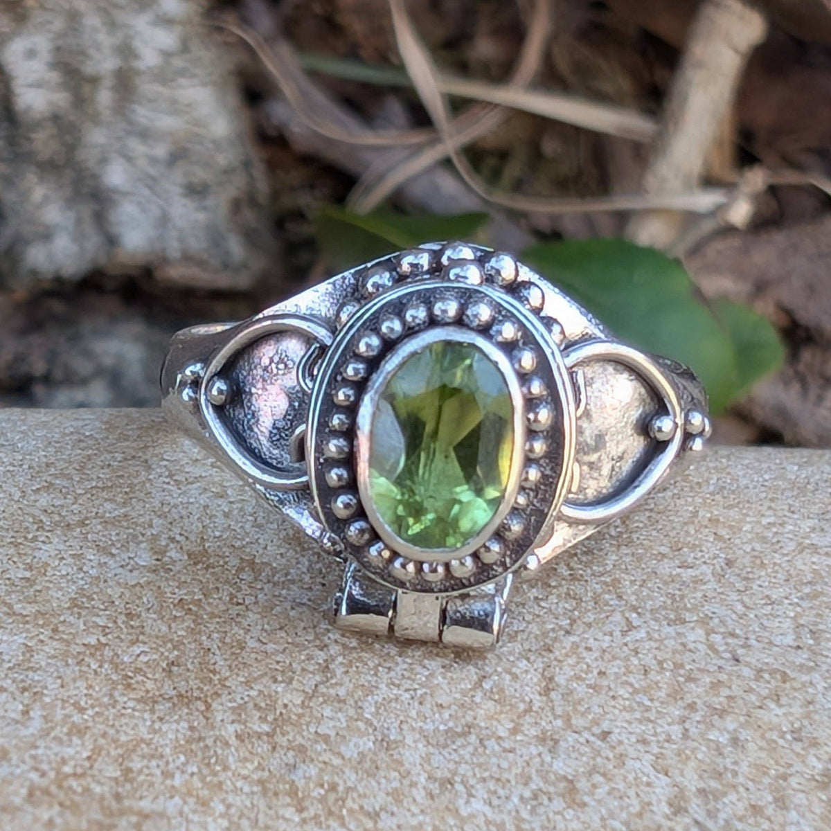 Gothic Oval Gemstone Poison Vessel Ring - Sterling Silver