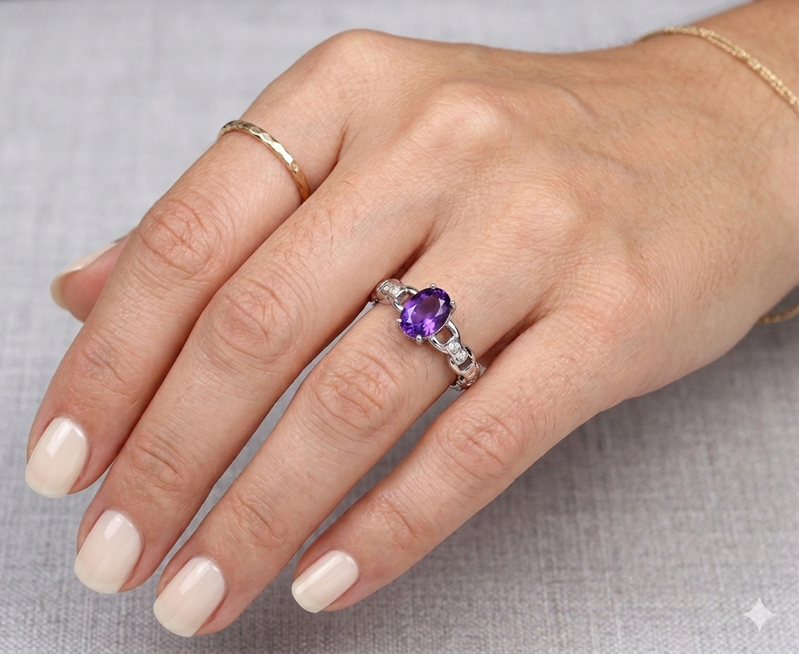 Faceted Natural Amethyst Stainless Steel Rings 5x7mm