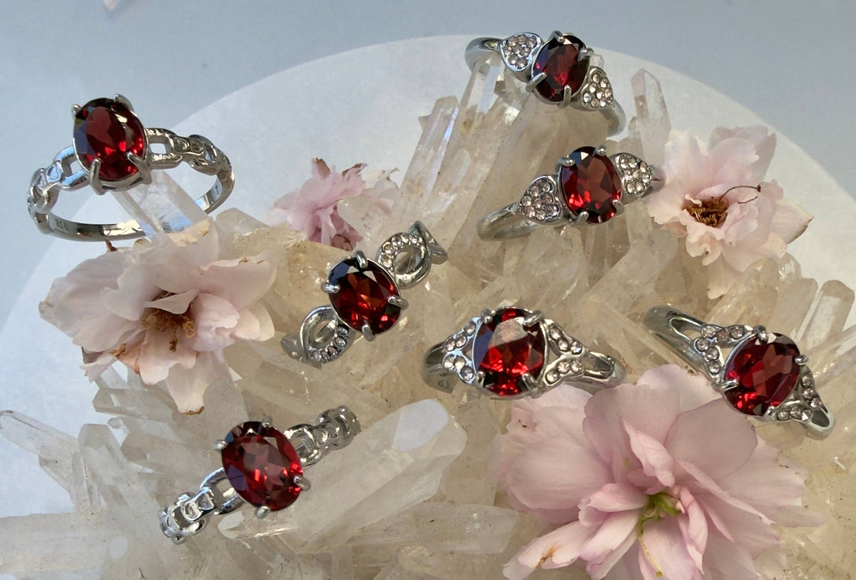 Faceted Natural Garnet Stainless Steel Rings 6x8mm