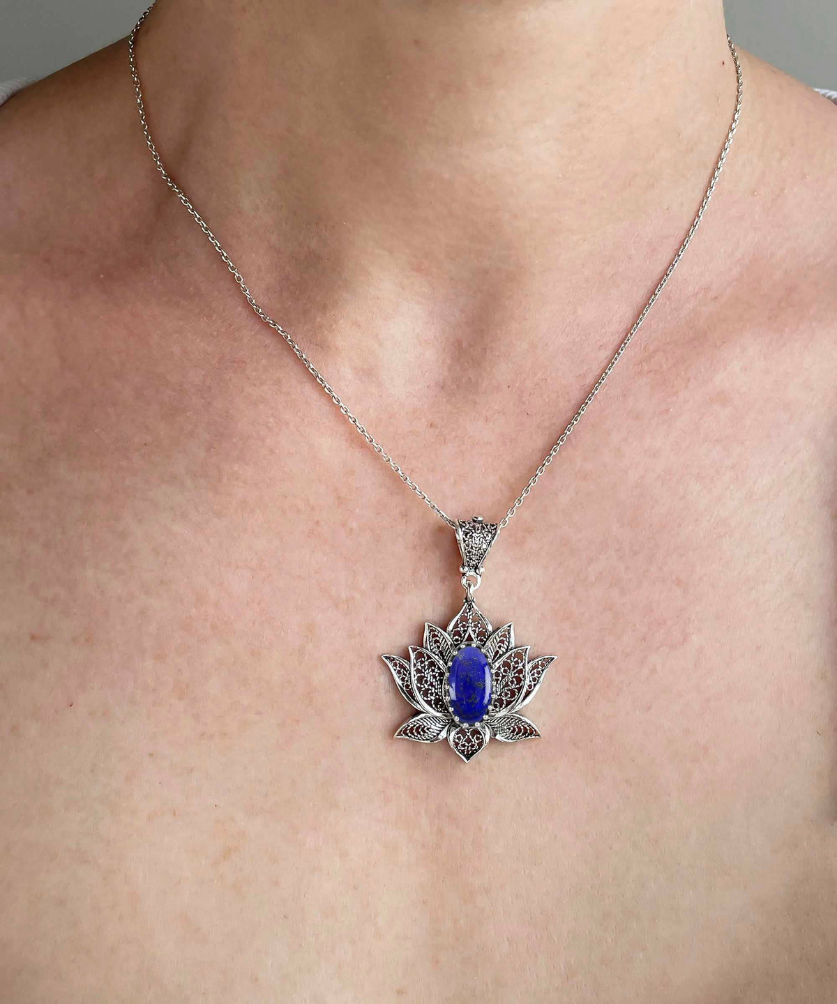 Sterling Silver Filigree Lotus Flower Lapis Lazuli Gemstone Pendant