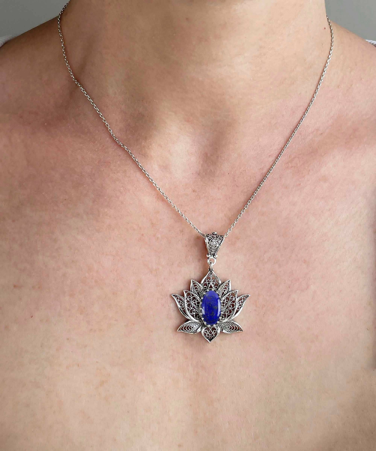 Sterling Silver Filigree Lotus Flower Lapis Lazuli Gemstone Pendant