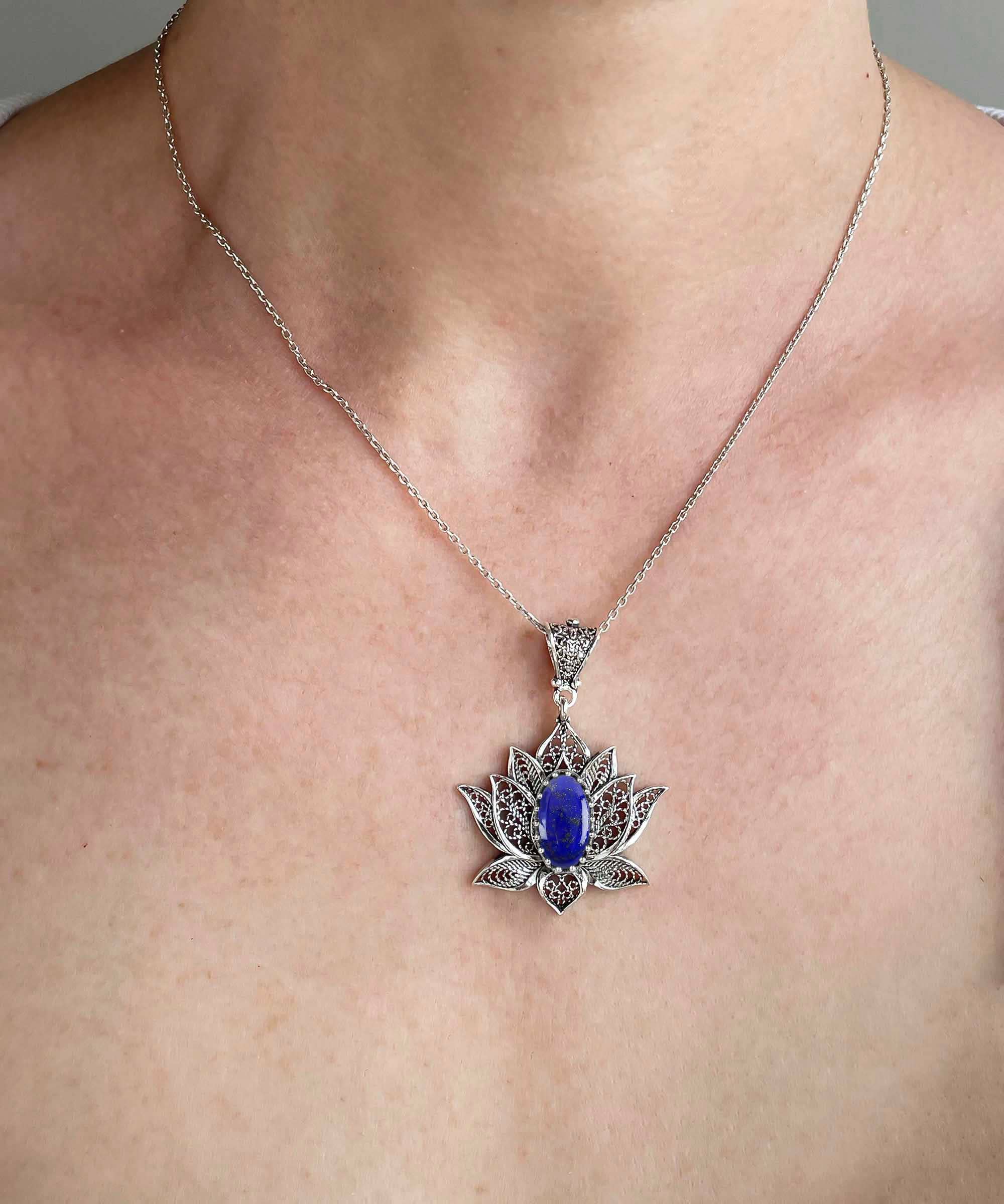 Sterling Silver Filigree Lotus Flower Lapis Lazuli Gemstone Pendant