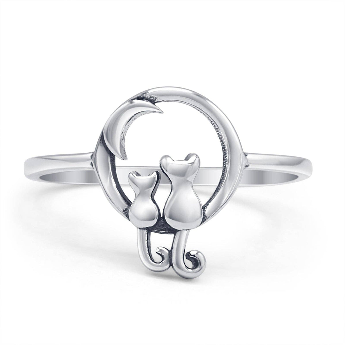 Sterling Silver Cats &amp; Moon Ring