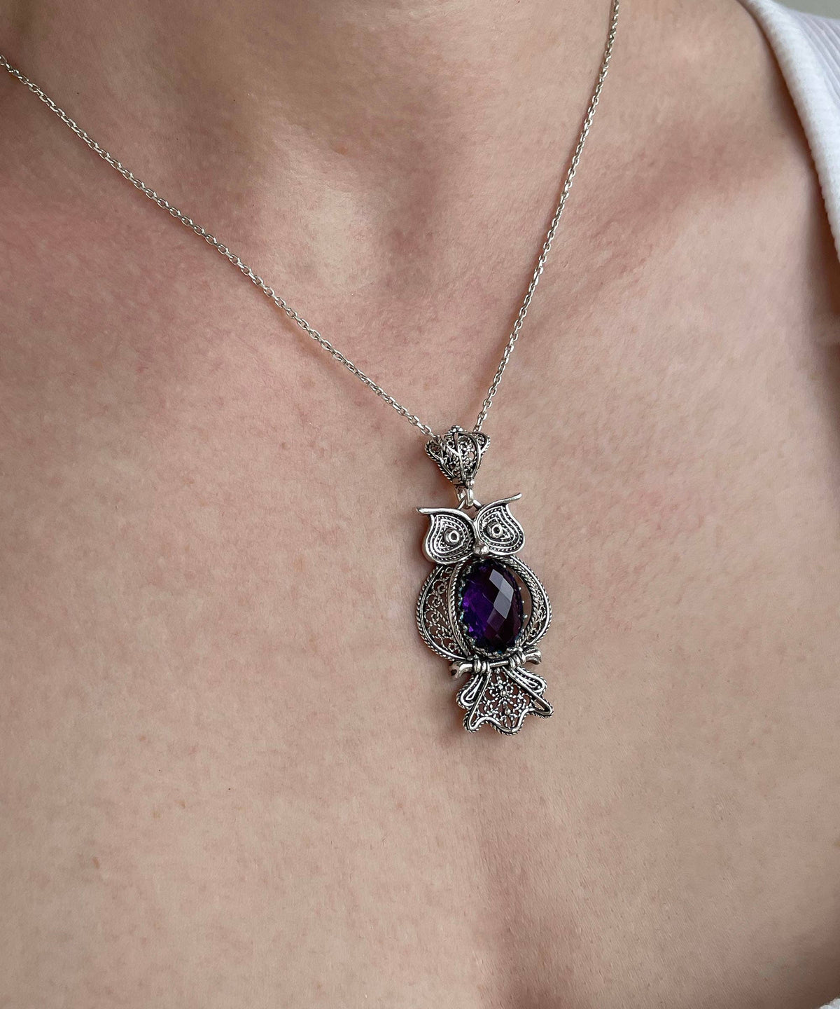 Sterling Silver Filigree Art Owl Amethyst Pendant