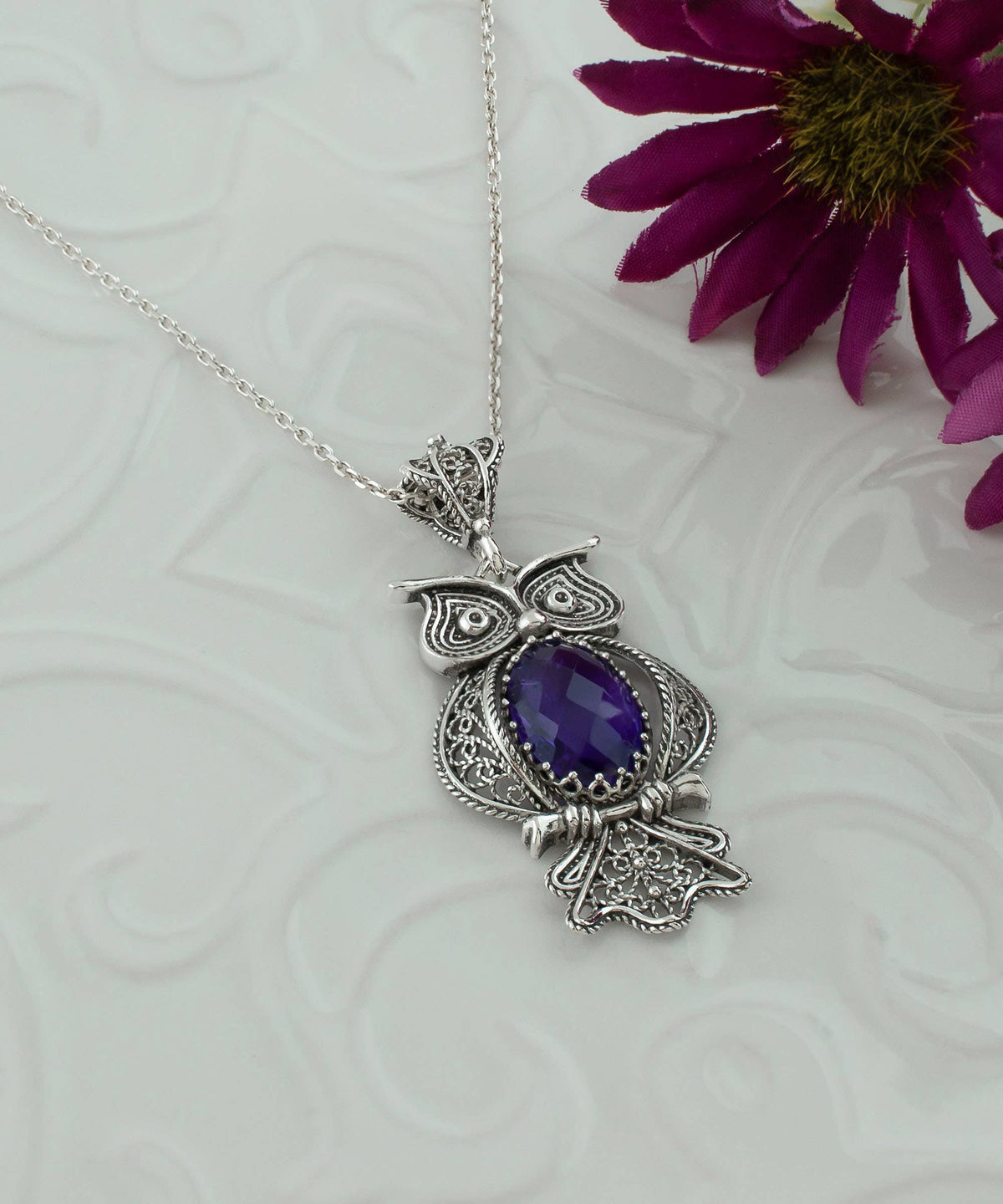 Sterling Silver Filigree Art Owl Amethyst Pendant