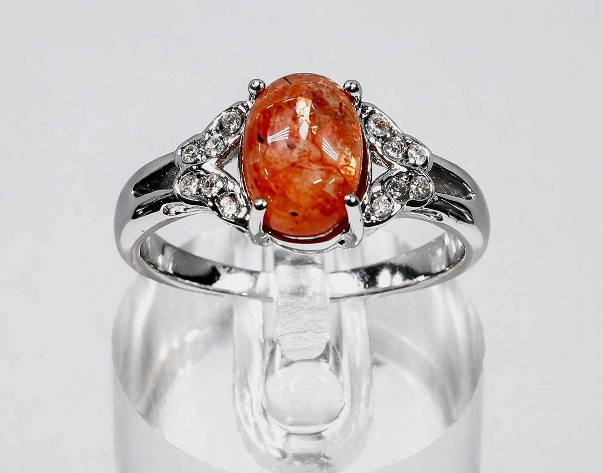 Natural Sunstone Stainless Steel Crystal Rings 6x8mm