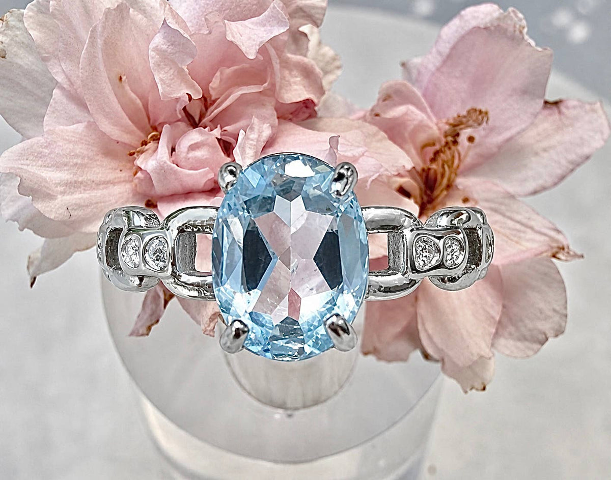 Faceted Natural Blue Topaz Stainless Steel Rings 7x9mm