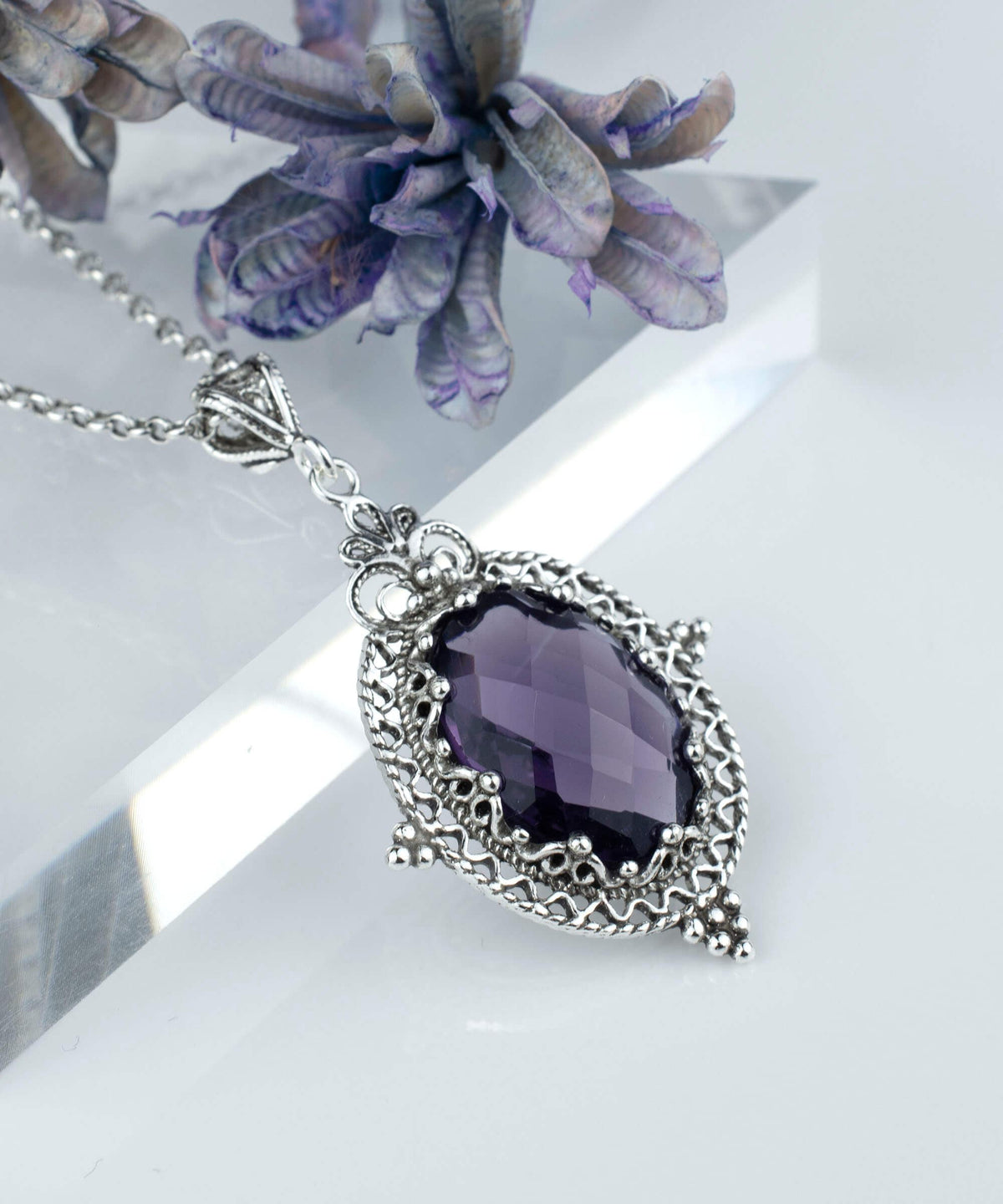 Sterling Silver Filigree Art Amethyst Gemstone Women Oval Pendant
