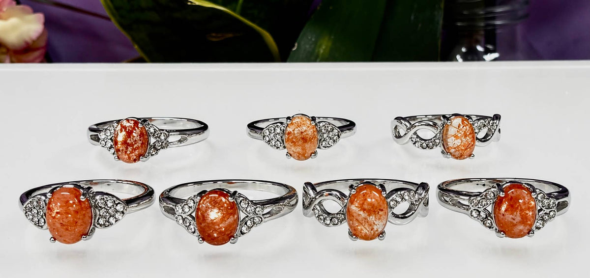 Natural Sunstone Stainless Steel Crystal Rings 6x8mm
