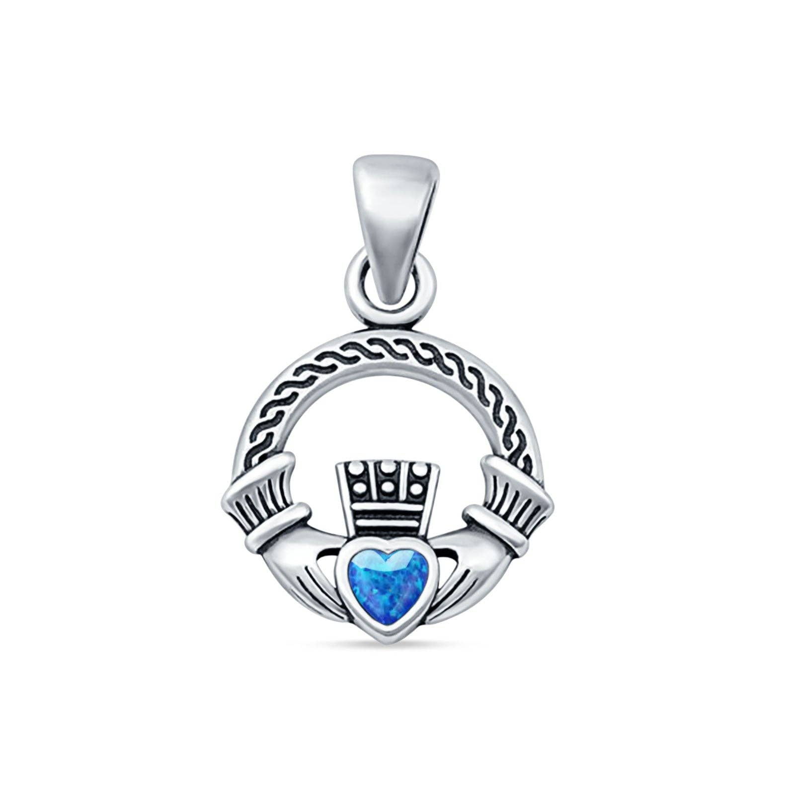 Heart Lab Created Blue Opal Claddagh Pendant