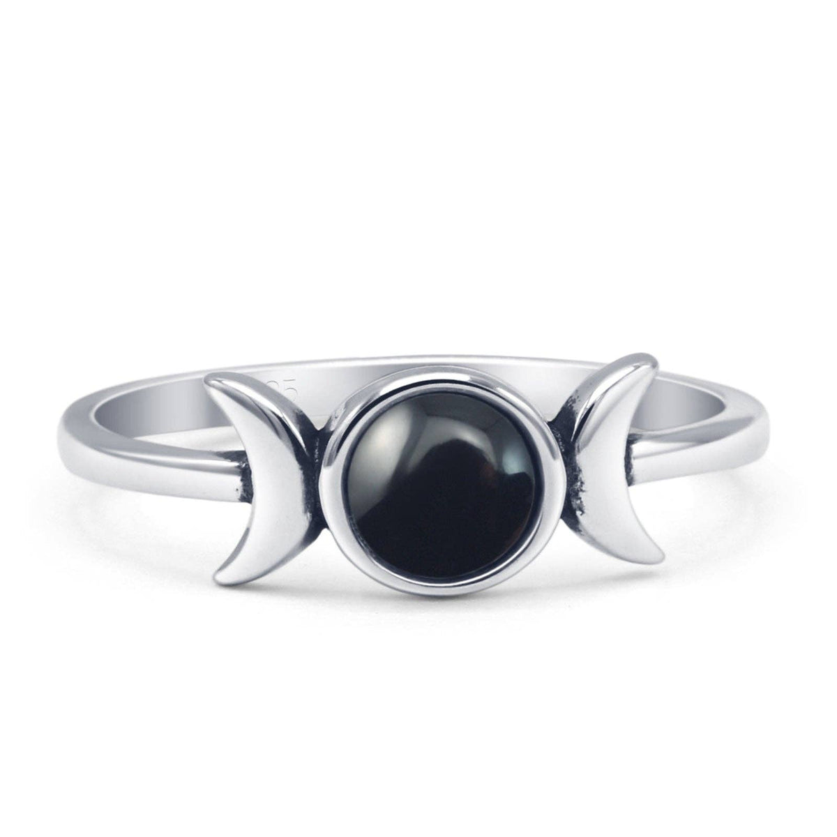 Round Black Agate Triple Moon Ring