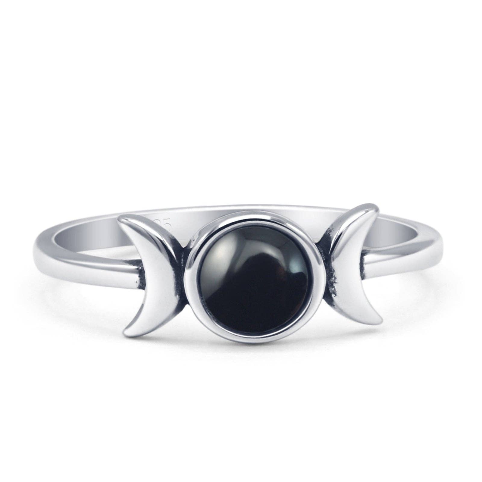 Round Black Agate Triple Moon Ring