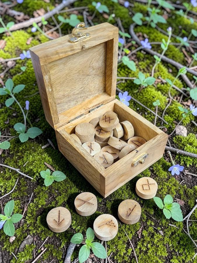 Wooden Box with 24 Runes