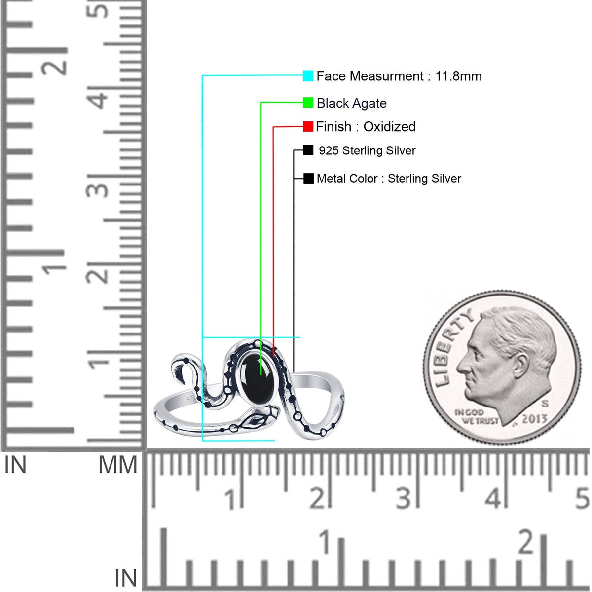 Snake with Black Agate Egg Ring Oxidized