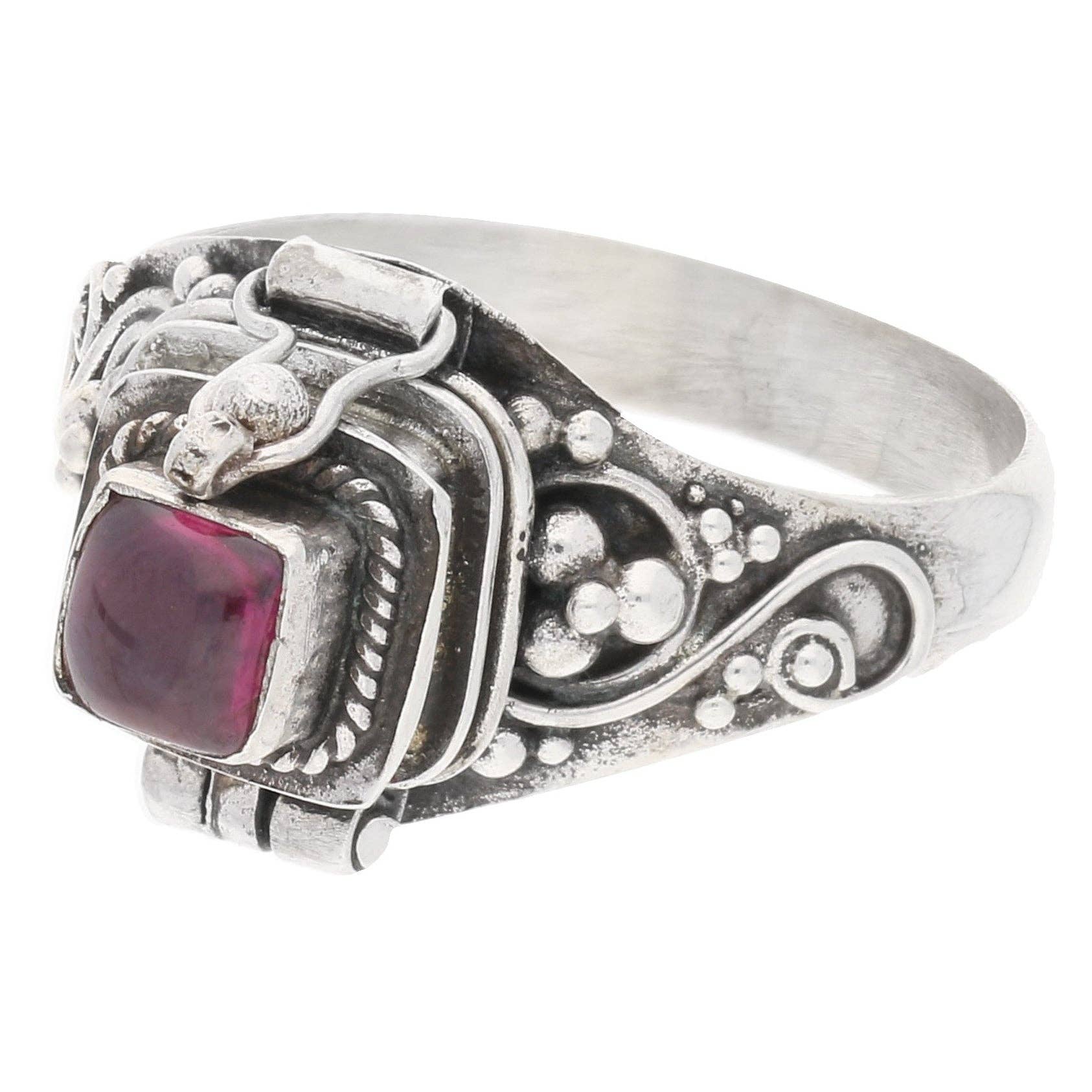 Sterling Silver Square Gemstone Poison Box Locket Ring