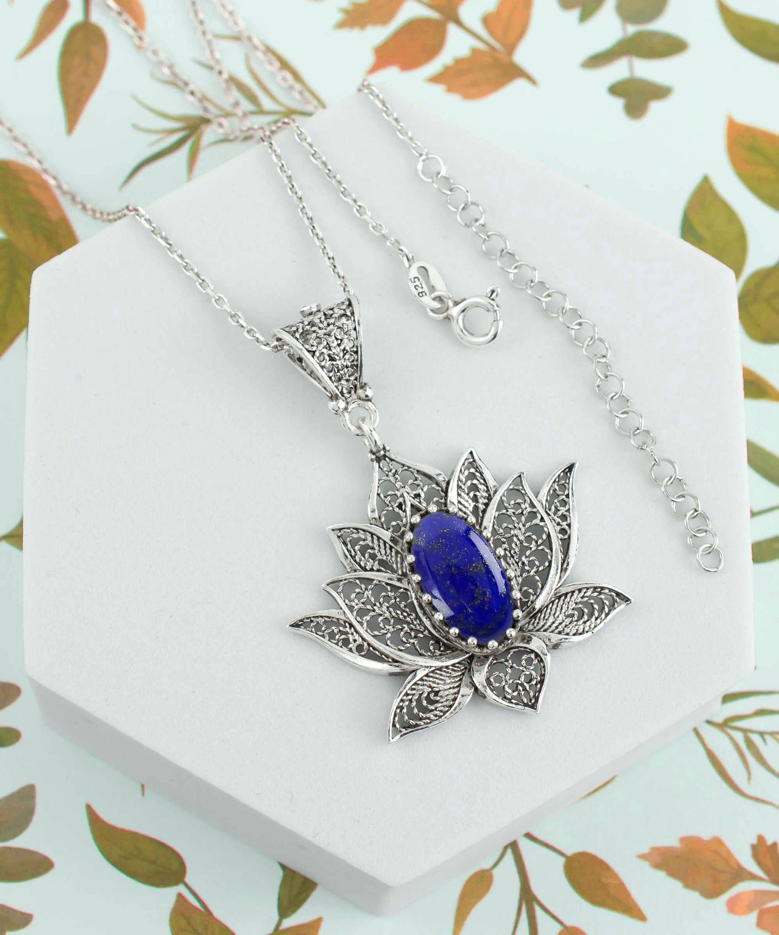Sterling Silver Filigree Lotus Flower Lapis Lazuli Gemstone Pendant