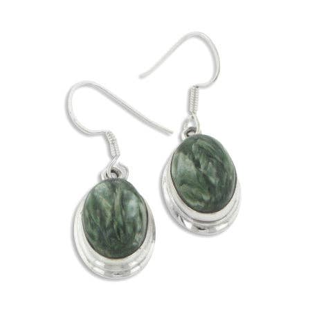 Feathered Green Seraphinite Oval Genuine Gemstone Sterling Silver Earrings