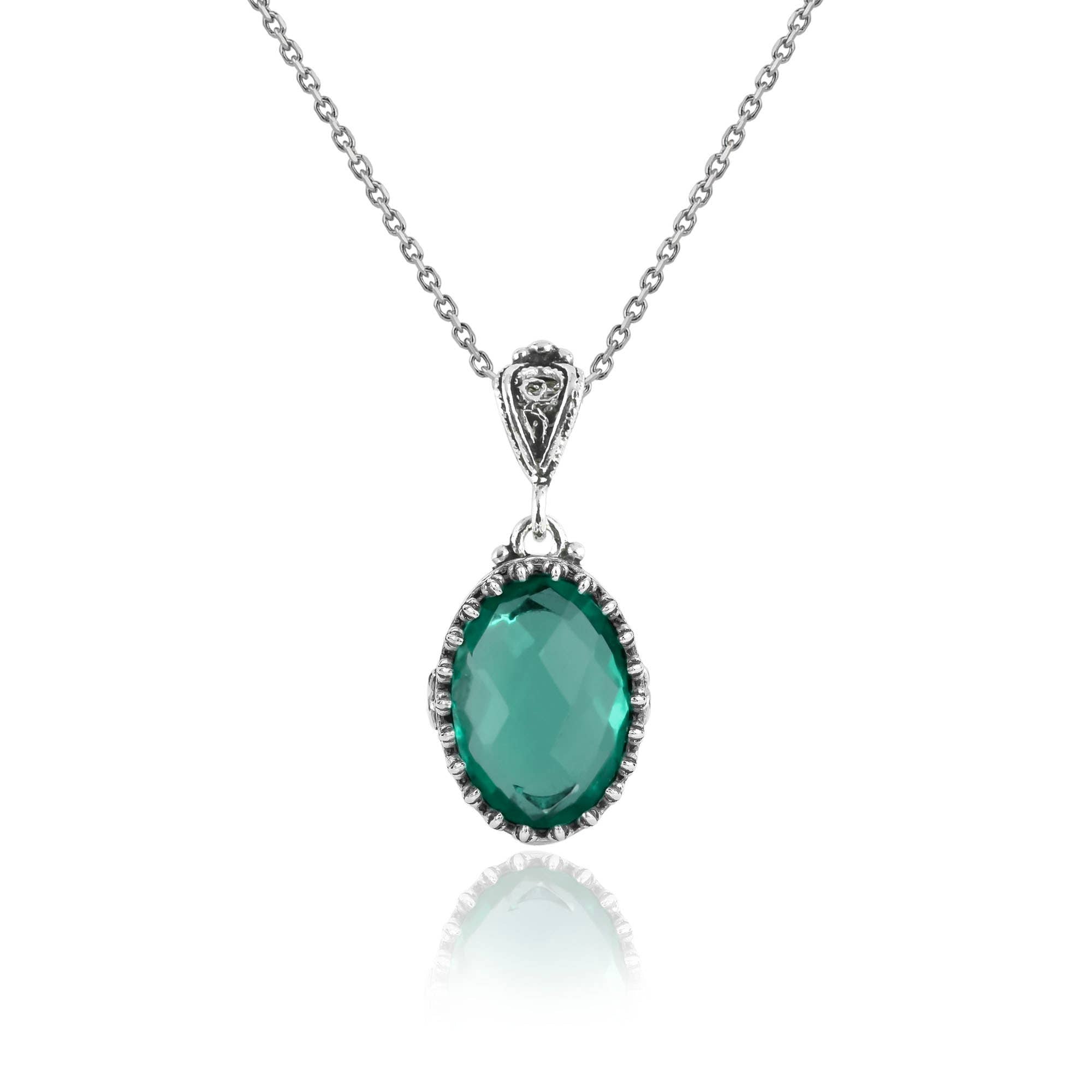 925 Silver Filigree Heart Detailed Emerald Gemstone Woman Pendant