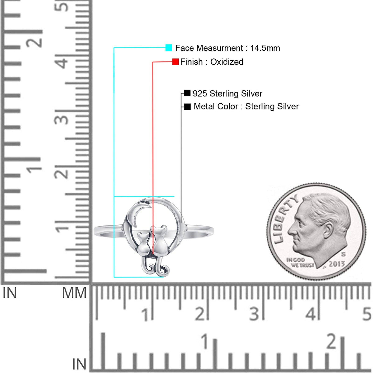 Sterling Silver Cats & Moon Ring