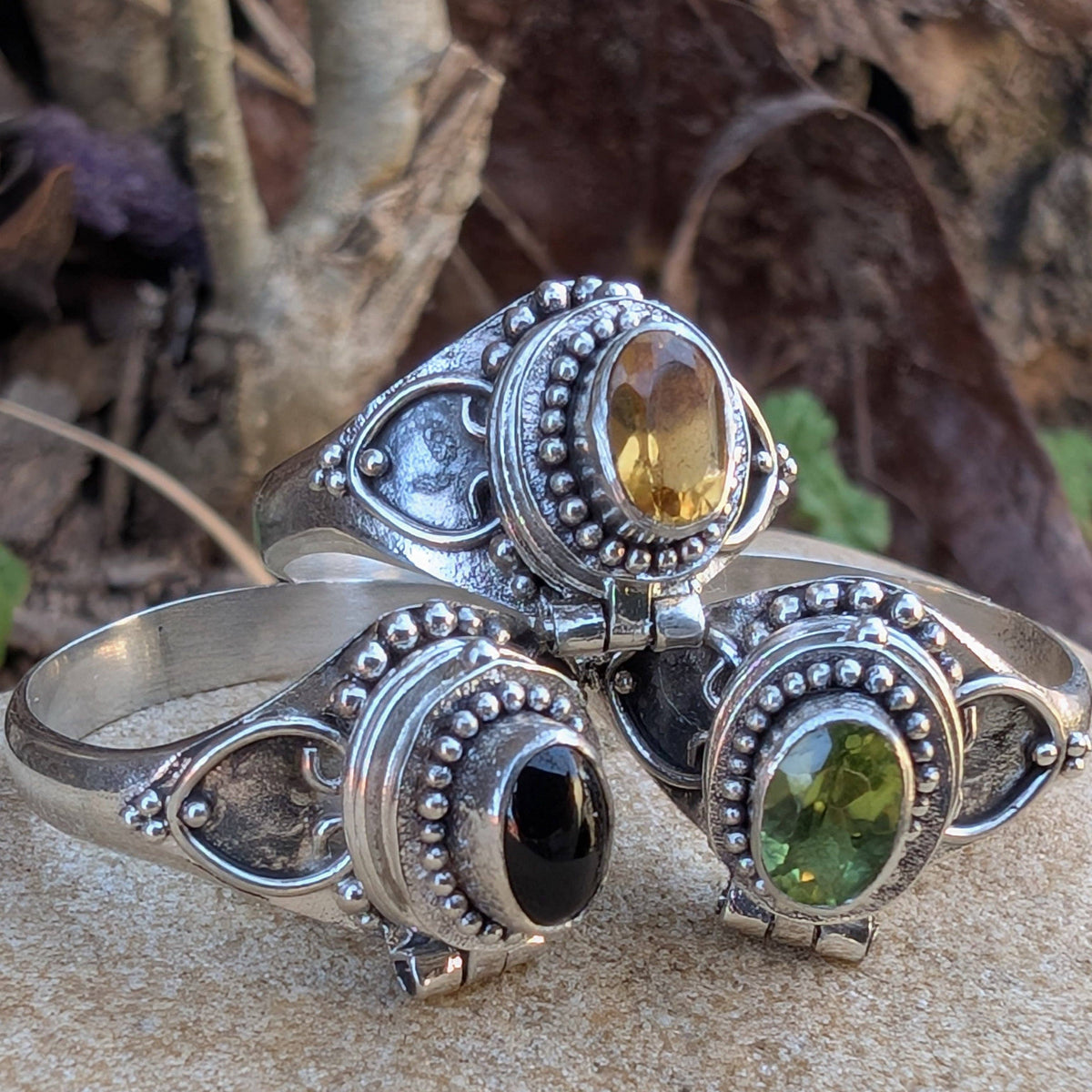 Gothic Oval Gemstone Poison Vessel Ring - Sterling Silver