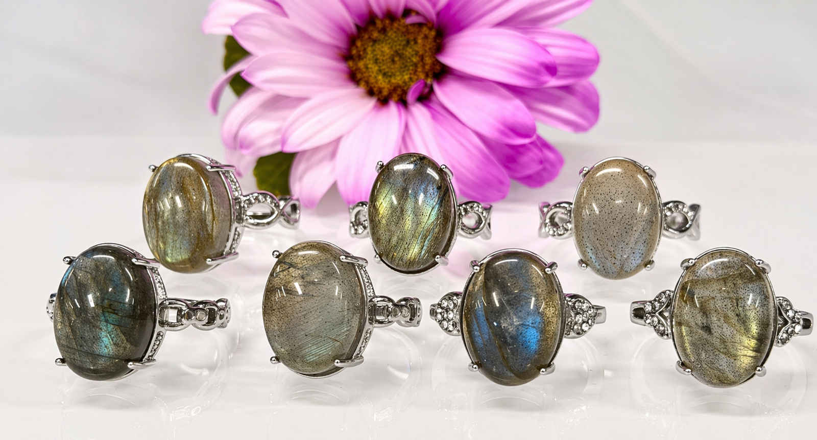Natural Labradorite Stainless Steel Rings 12x16mm