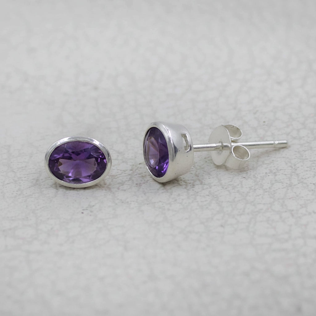 Amethyst 925 Sterling Silver Oval Stud Earrings
