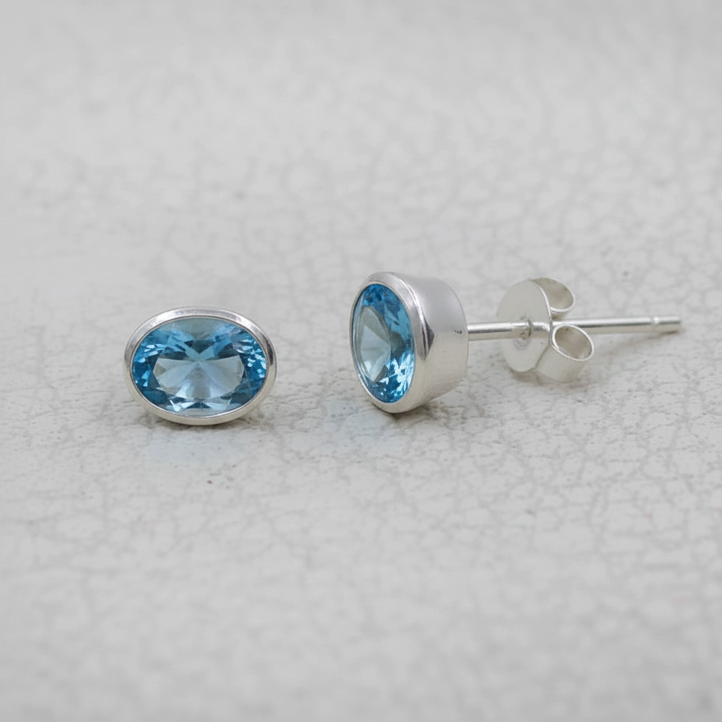 Blue Topaz 925 Sterling Silver Oval Stud Earrings