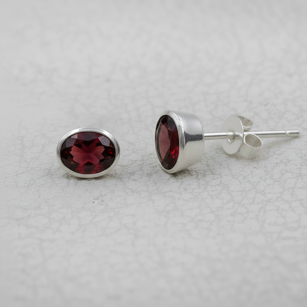 Garnet 925 Sterling Silver Oval Stud Earrings