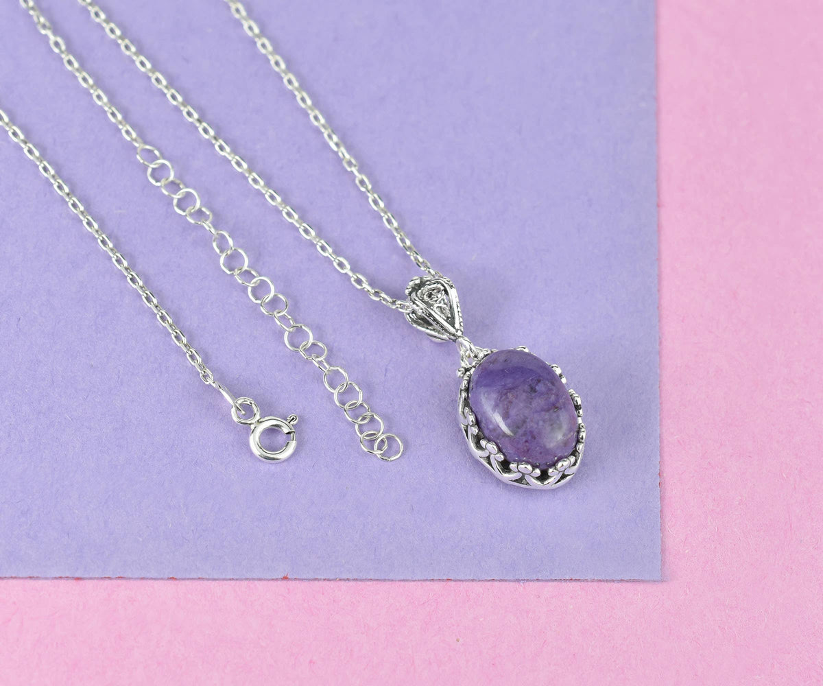925 Silver Filigree Crown Charoite Gemstone Woman Pendant