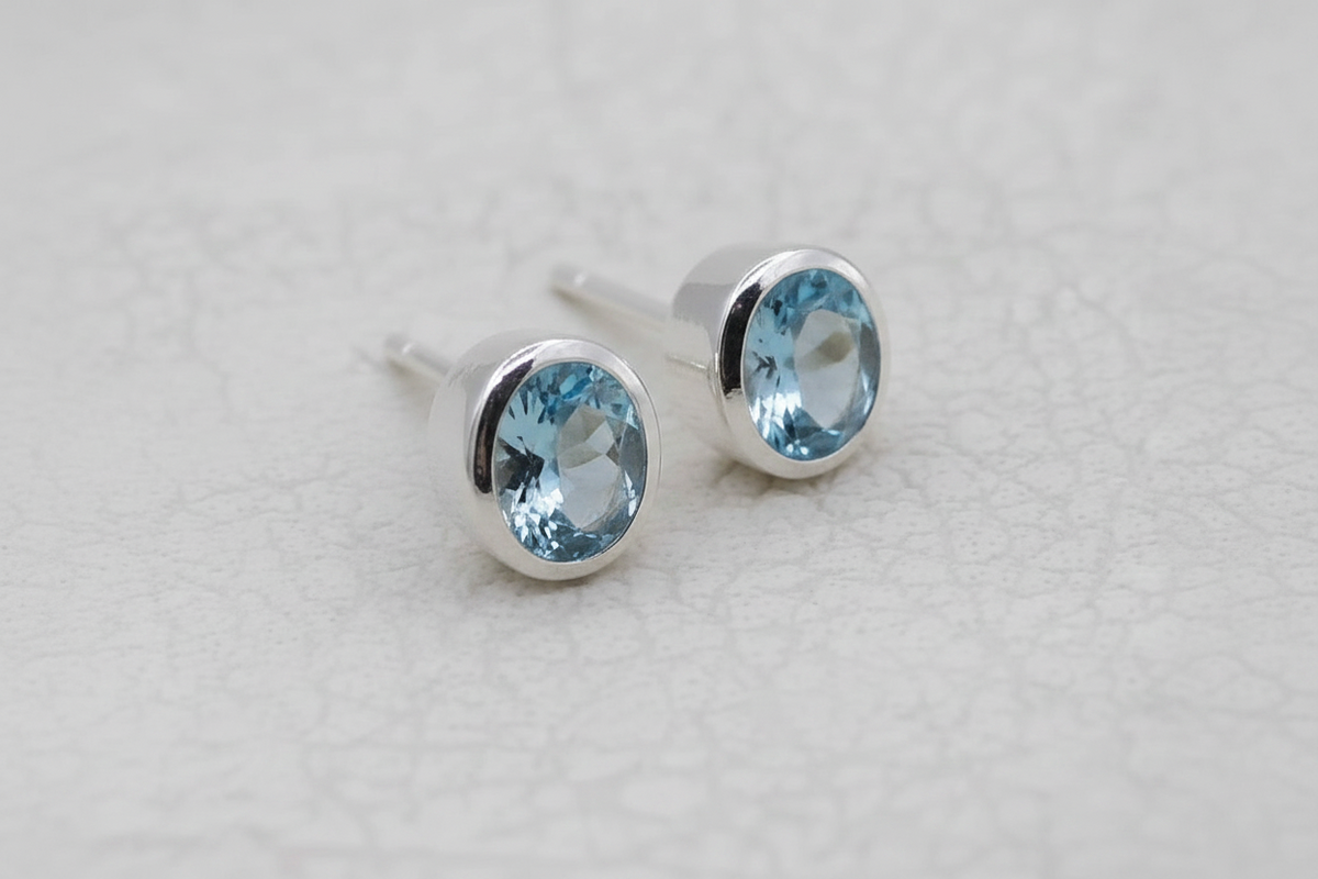 Blue Topaz 925 Sterling Silver Oval Stud Earrings