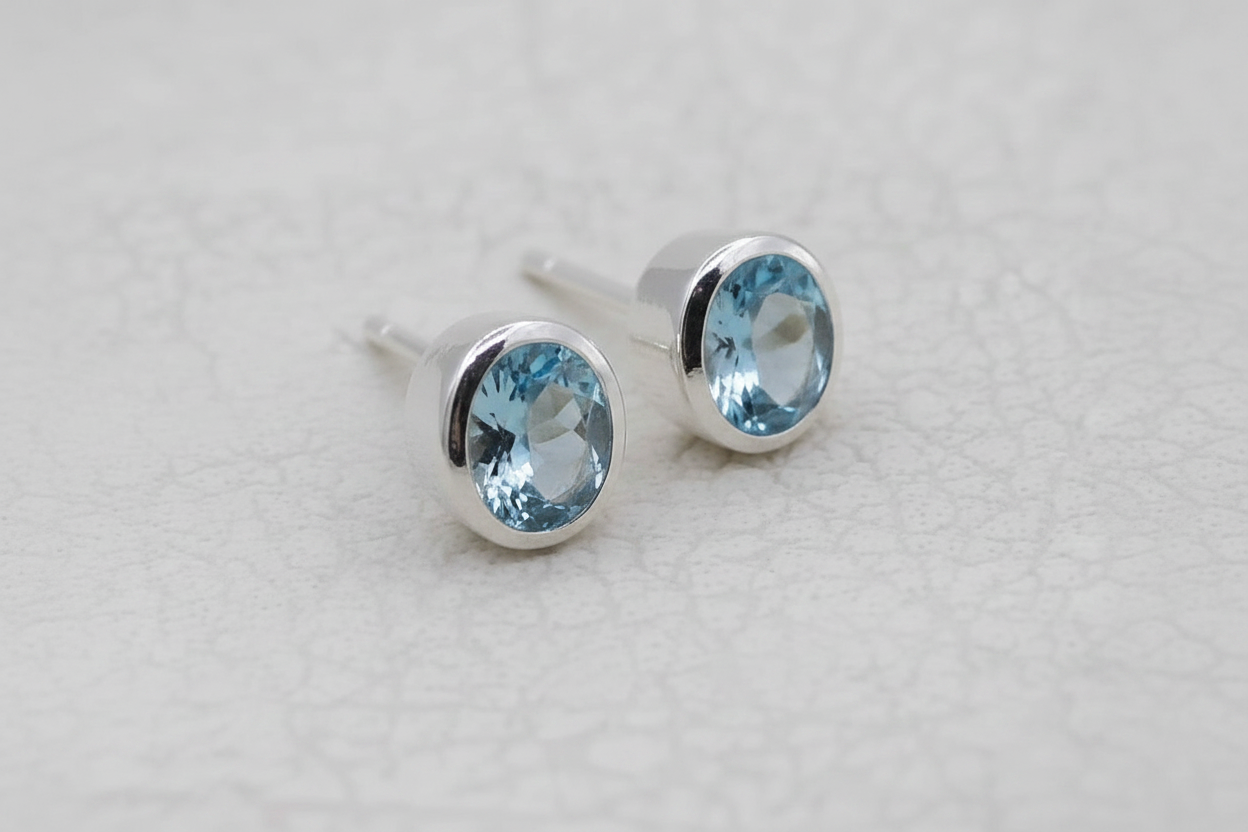 Blue Topaz 925 Sterling Silver Oval Stud Earrings