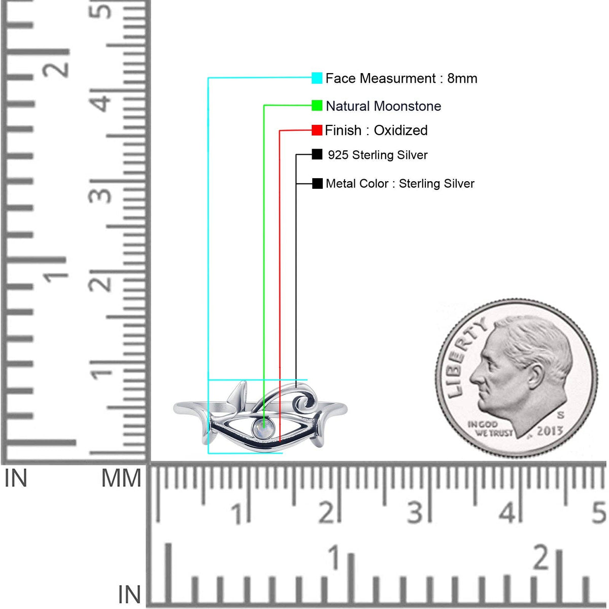 Round Moonstone Eye Of Horus Ring Sterling Silver